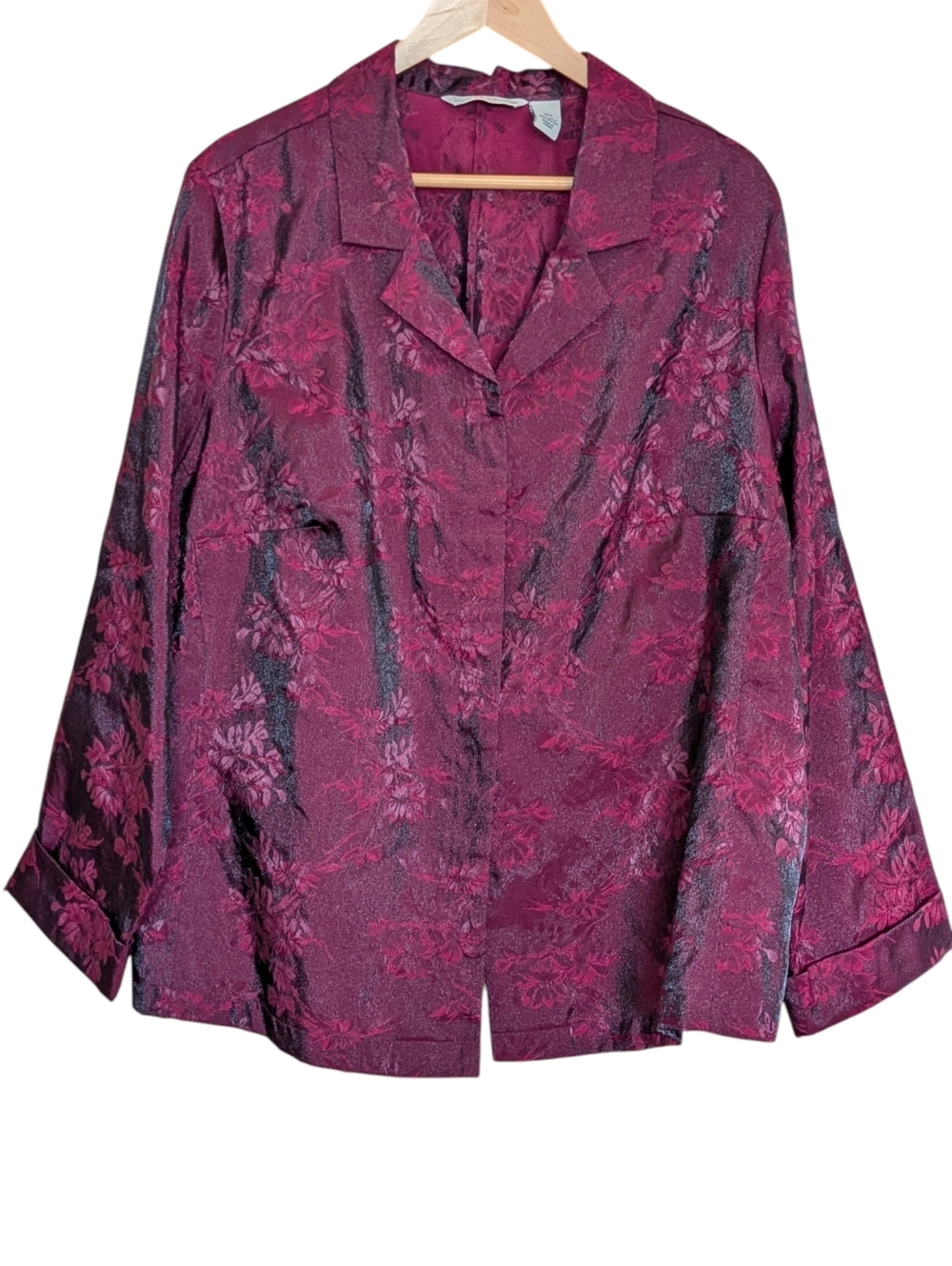 French Laundry Burgundy Floral Silk Blend Button-Down Shirt 3X Shimmery Party